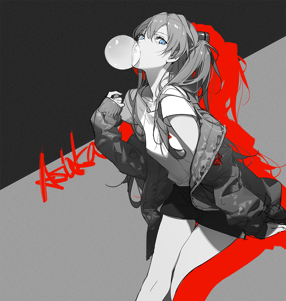 1girl, alternate_costume, ask_(askzy), bangs, blue_eyes, breasts, bubble_blowing, casual