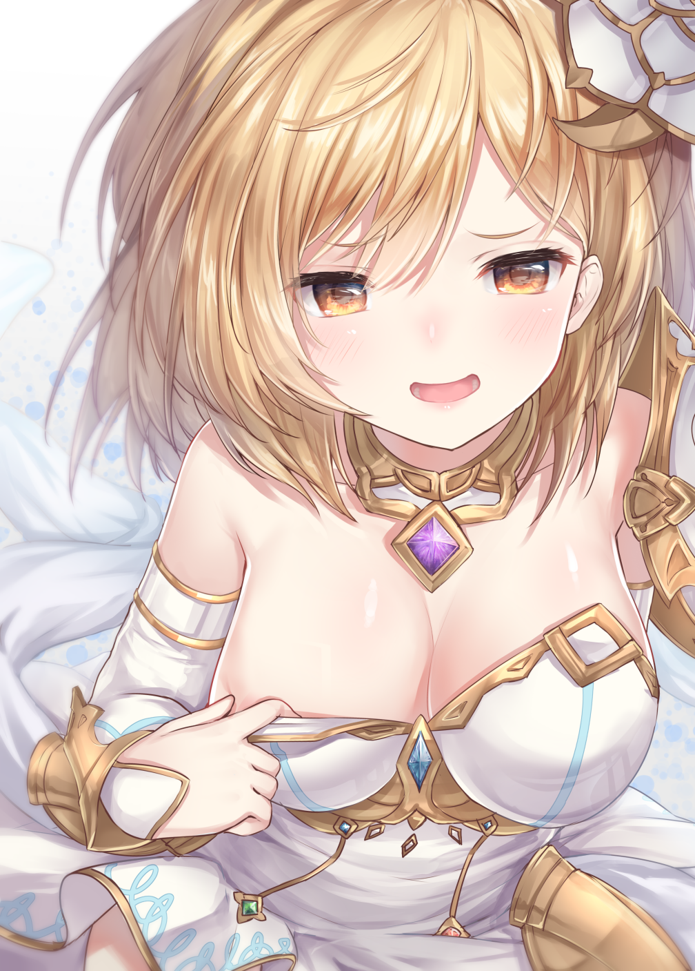 1girl, bare_shoulders, blonde_hair, blush, breasts, cleavage, djeeta_(granblue_fantasy), granblue_fantasy