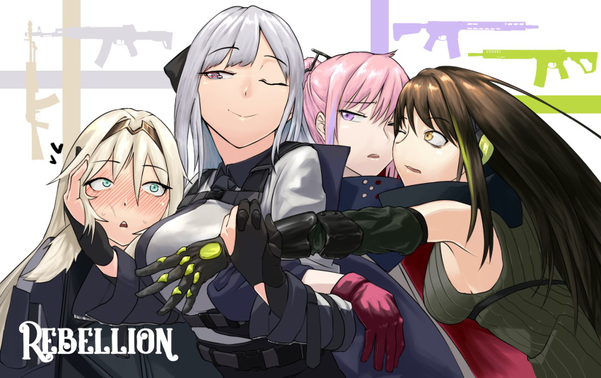 4girls, ak-12_(girls_frontline), an-94_(girls_frontline), armband, armor, bangs, bare_shoulders, black_gloves, blonde_hair, blue_eyes, blush, braid, breasts, brown_eyes, brown_hair, buckle, cheek-to-cheek, closed_mouth, coat, digi-mind_update_(girls_frontline), elbow_gloves, eyebrows_visible_through_hair, french_braid, gauntlets, girls_frontline, gloves, group_hug, gun, hair_ornament, hairband, half-closed_eye, hand_on_another's_arm, hand_on_another's_cheek, hand_on_another's_face, headphones, highres, hug, jacket, large_breasts, long_hair, long_sleeves, looking_at_another, m4a1_(girls_frontline), medium_breasts, multicolored_hair, multiple_girls, one_eye_closed, partly_fingerless_gloves, pink_hair, ponytail, ribbed_sweater, ribbon, scarf, sd_bigpie, sidelocks, silver_hair, smile, st_ar-15_(girls_frontline), strap, streaked_hair, sweat, sweatdrop, sweater, sweater_vest, tactical_clothes, text, very_long_hair, violet_eyes, weapon