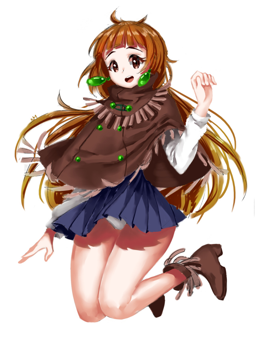 1girl, bangs, bare_legs, boots, brown_hair, earrings, frilled_boots, frilled_cloak