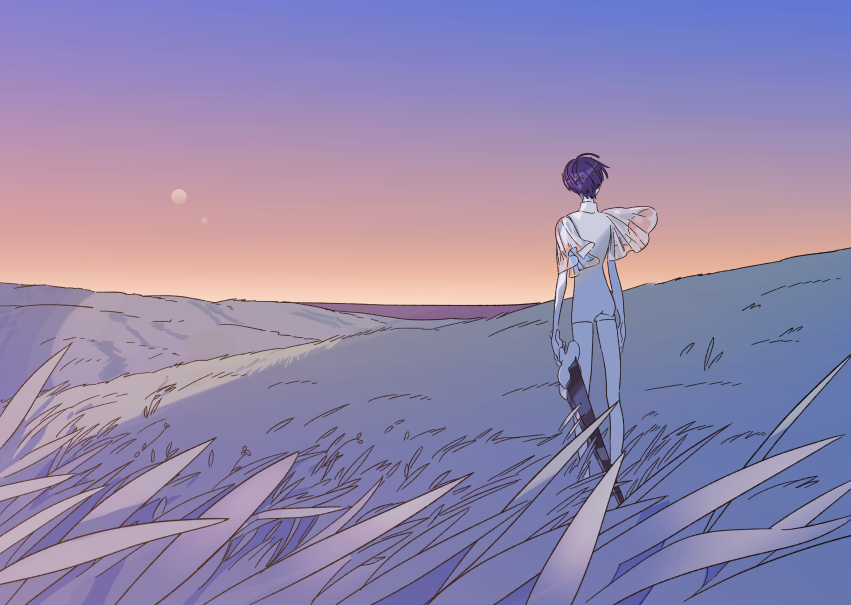 androgynous, blue_hair, from_behind, grass, houseki_no_kuni, multiple_moons, outdoors, phosphophyllite