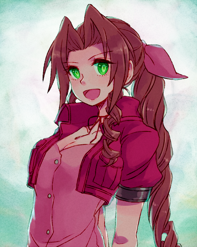 1girl, aerith_gainsborough, bow, braid, breasts, brown_hair, cleavage, commentary_request, cropped_jacket, dress, final_fantasy, final_fantasy_vii, green_eyes, hair_ribbon, long_hair, pink_bow, pink_dress, ponytail, ribbon, single_braid, solo, sunagimo_(nagimo), very_long_hair