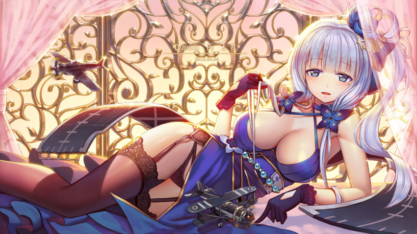1girl, :d, arm_support, artist_name, azur_lane, backlighting, bangs, bare_shoulders