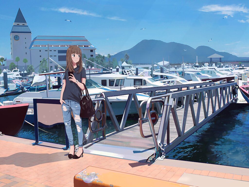 1girl, bag, bird, boat, brown_hair, casual, cellphone, day, denim, hand_in_pocket, handbag, high_heels, holding, holding_phone, jeans, long_hair, looking_to_the_side, marina, original, outdoors, pants, phone, ripped_jeans, sakeharasu, seagull, shirt, sky, solo, standing, t-shirt, watch, watch, watercraft