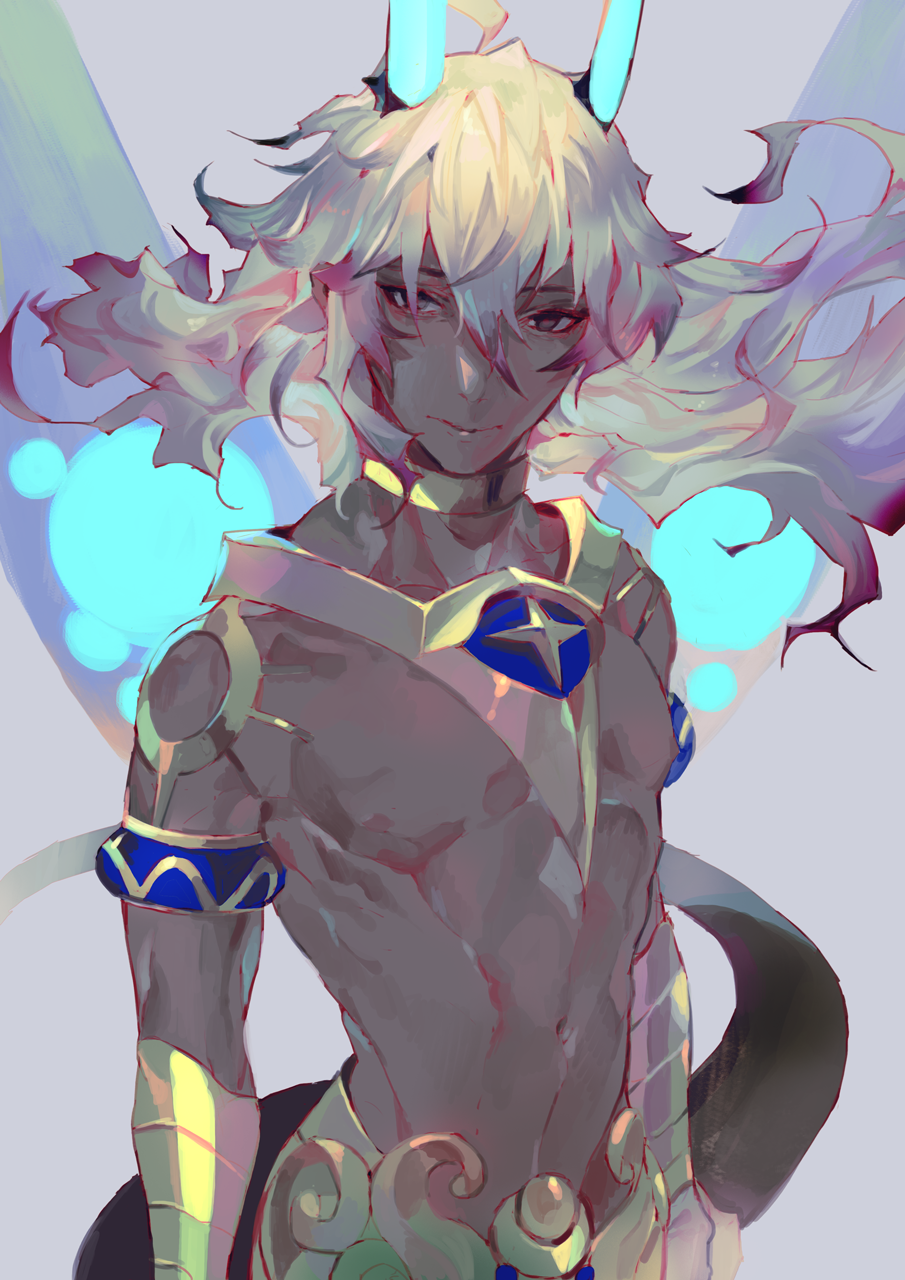 1boy, big_hair, blonde_hair, brown_eyes, character_request, choker, dark_skin, dark_skinned_male
