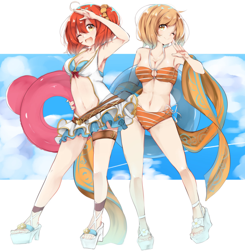2girls, ahoge, bikini, blonde_hair, breasts, brown_eyes, casual_one-piece_swimsuit, cosplay