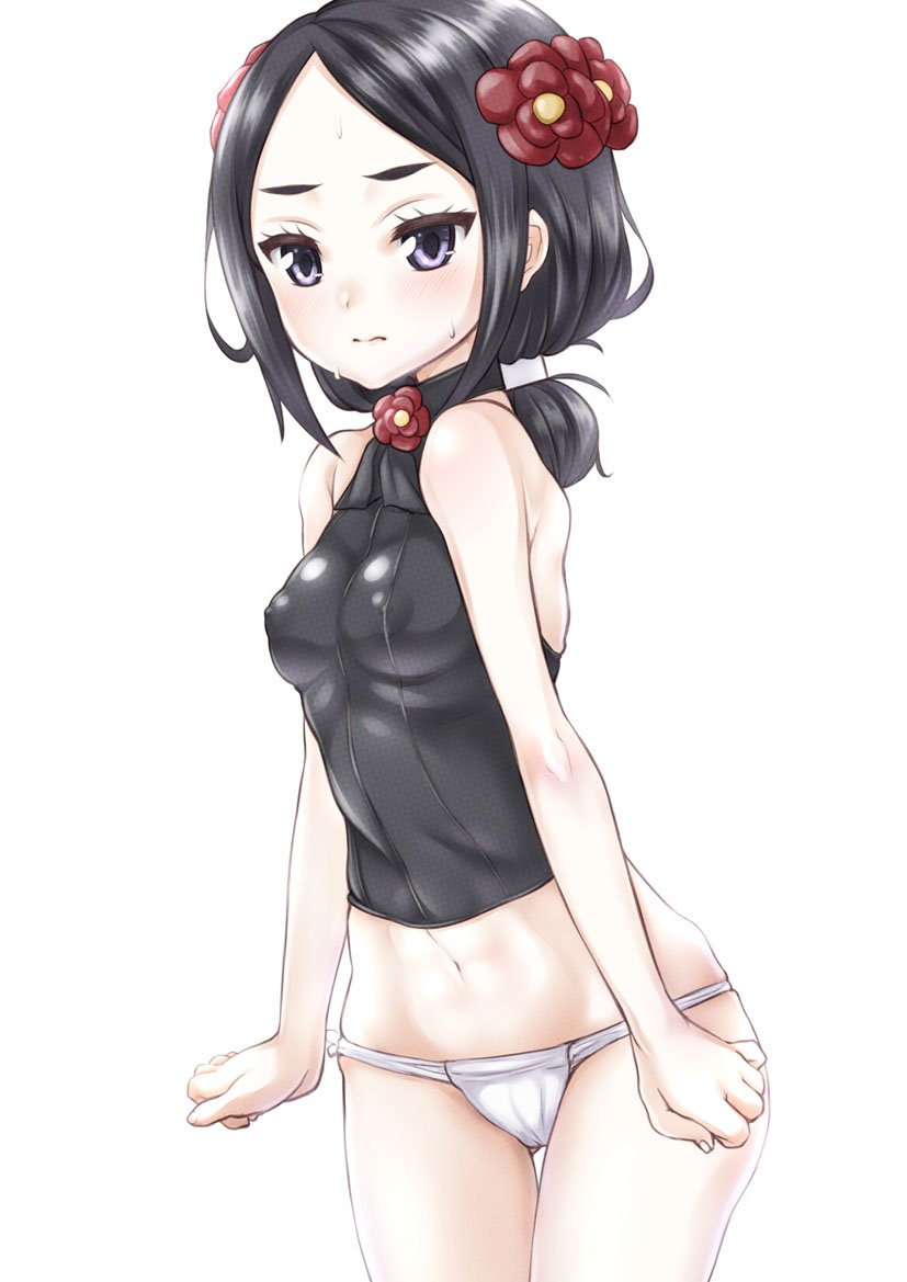 1girl, black_eyes, black_hair, black_shirt, breasts, brooch, clenched_hands, closed_mouth, commentary_request, cowboy_shot, erect_nipples, flower, frown, fundoshi, gluteal_fold, hair_flower, hair_ornament, halterneck, japanese_clothes, jewelry, leaning_forward, looking_to_the_side, medium_hair, midriff, navel, princess_principal, shiromitsu_suzaku, shirt, simple_background, skindentation, small_breasts, solo, standing, sweat, thigh_gap, toudou_chise, twintails, white_background