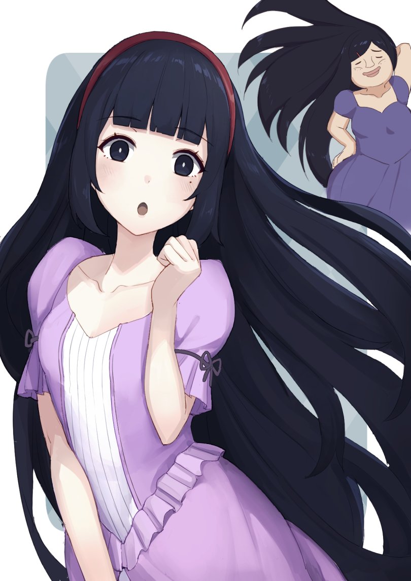 2girls, 999no9chan, bangs, black_eyes, black_hair, dress, hairband, long_hair, looking_at_viewer, mole, mole_under_eye, multiple_girls, open_mouth, red_hairband, ribbon, sayo-chan, suada, upper_body, virtual_youtuber