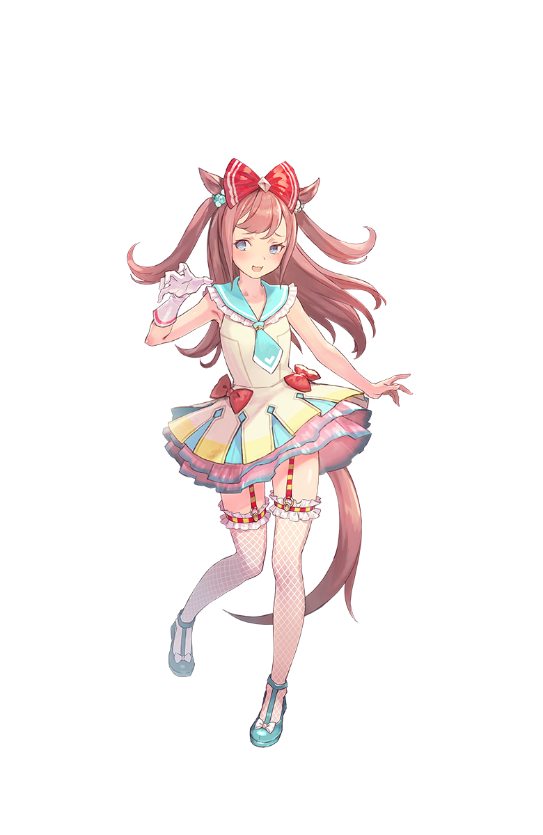 1girl, :d, agnes_digital, animal_ears, blue_eyes, blue_footwear, blue_neckwear, blush, bow, brown_hair, dress, fishnets, full_body, garter_straps, gloves, hair_bow, hand_up, highres, horse_ears, horse_tail, long_hair, looking_at_viewer, official_art, open_mouth, red_bow, single_glove, smile, solo, standing, tail, thigh-highs, transparent_background, umamusume, white_gloves, white_legwear