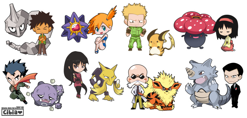 2016, 3boys, 5girls, alakazam, aqua_eyes, arcanine, bald, bangs, bikini, black_eyes, black_hair, blonde_hair, blunt_bangs, brown_eyes, cibia, closed_eyes, commentary, creature, crossed_arms, erika_(pokemon), facial_hair, gen_1_pokemon, gym_leader, highres, holding, holding_spoon, japanese_clothes, kasumi_(pokemon), katsura_(pokemon), kimono, kyou_(pokemon), long_hair, long_sleeves, matis_(pokemon), medium_hair, multiple_boys, multiple_girls, mustache, natsume_(pokemon), onix, orange_hair, pokemon, pokemon_(creature), ponytail, raichu, rhydon, sakaki_(pokemon), seiza, signature, simple_background, sitting, spiky_hair, standing, starmie, sunglasses, swimsuit, takeshi_(pokemon), tied_hair, vileplume, weezing, white_background