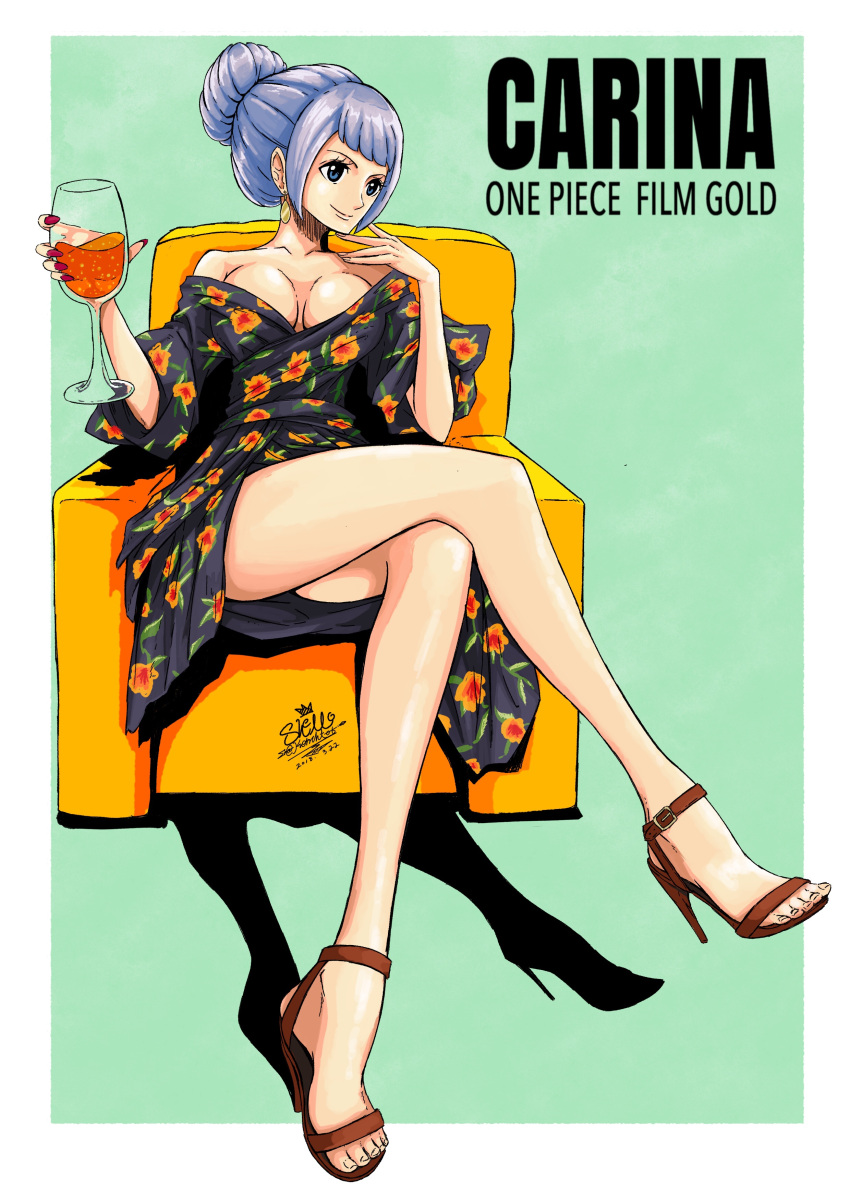 1girl, absurdres, alternate_costume, artist_name, blue_eyes, breasts, carina_(one_piece), character_name, cleavage, copyright_name, dress, drink, hair_bun, high_heels, highres, nail_polish, one_piece, one_piece_film_gold, purple_hair, sherumaru_(korcht06), sitting