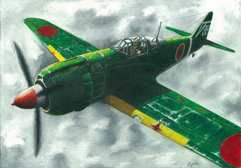artist_name, clouds, colored_pencil_(medium), flying, hayashi_ryouta, imperial_japanese_army, ki-100, looking_to_the_side, mast, original, pilot, piloting, propeller, roundel, solo, traditional_media, wheel