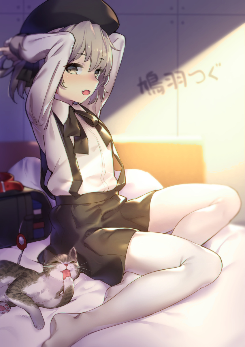 1girl, :d, absurdres, adjusting_hair, animal, arms_up, backpack, bag