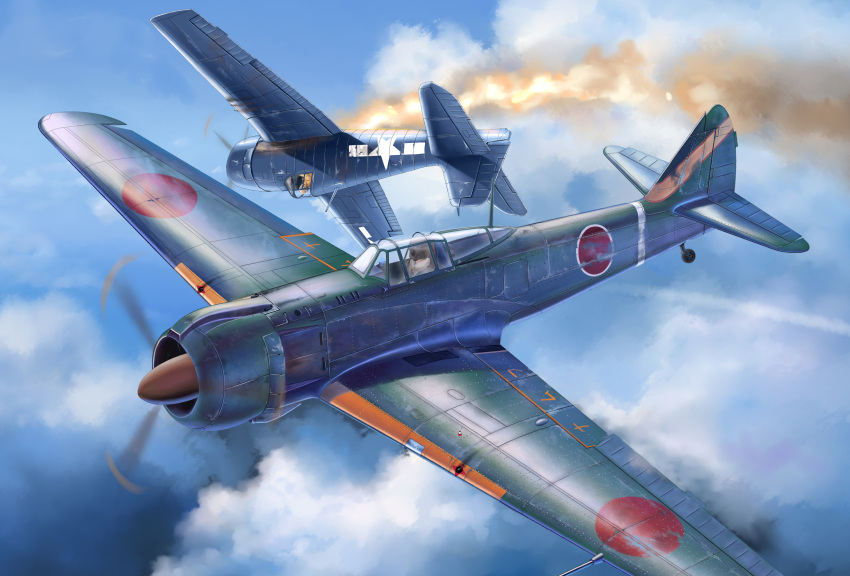 2boys, absurdres, aerial_battle, aircraft, airplane, battle, blue_sky, burning