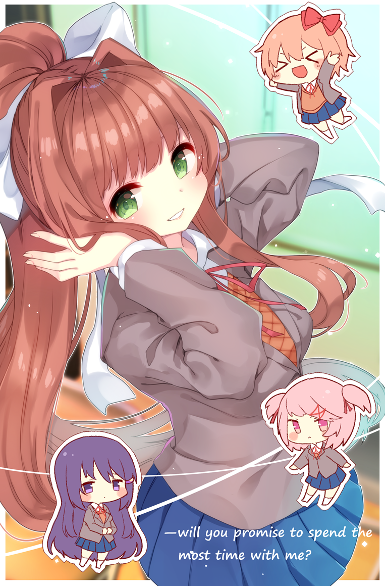>_<, 4girls, arare_mochiko, bangs, blue_skirt, blurry, blurry_background, blush