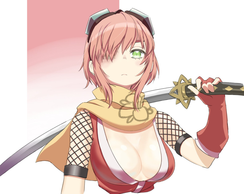 1girl, breasts, cleavage, fingerless_gloves, fishnets, gloves, goggles, goggles_on_head