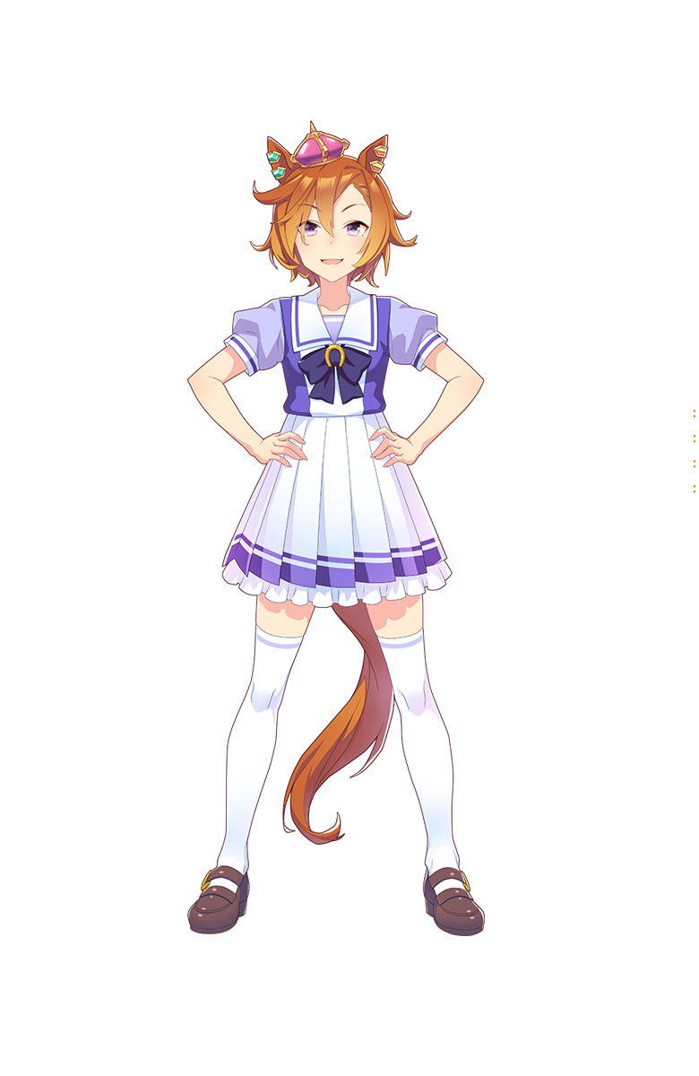 1girl, animal_ears, full_body, hands_on_hips, highres, horse_ears, horse_tail, official_art, short_hair, solo, t_m_opera_o, tail, transparent_background, umamusume, violet_eyes