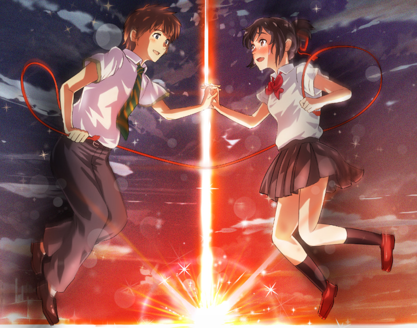 1boy, 1girl, black_hair, blue_eyes, bow, bowtie, brown_eyes, brown_hair