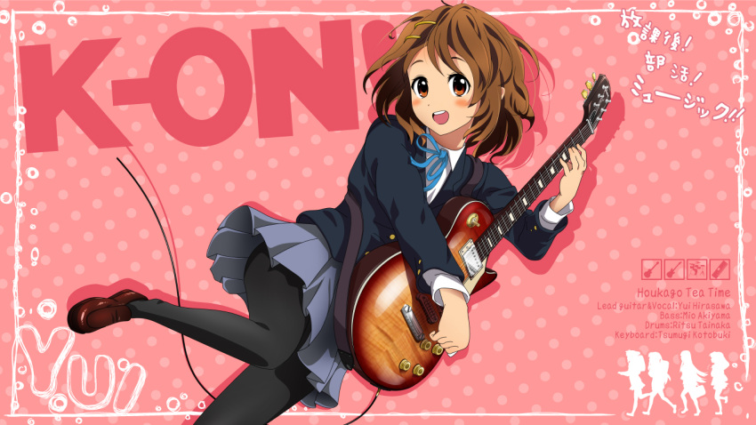 1girl, blue_skirt, blush, bolo_tie, brown_eyes, brown_hair, character_name, copyright_name, guitar, hair_ornament, hairclip, hirasawa_yui, instrument, k-on!, kou_(aimai), loafers, looking_at_viewer, music, open_mouth, pantyhose, pink_background, playing_instrument, pleated_skirt, polka_dot, polka_dot_background, school_uniform, shoes, silhouette, skirt, smile, solo, text, wallpaper