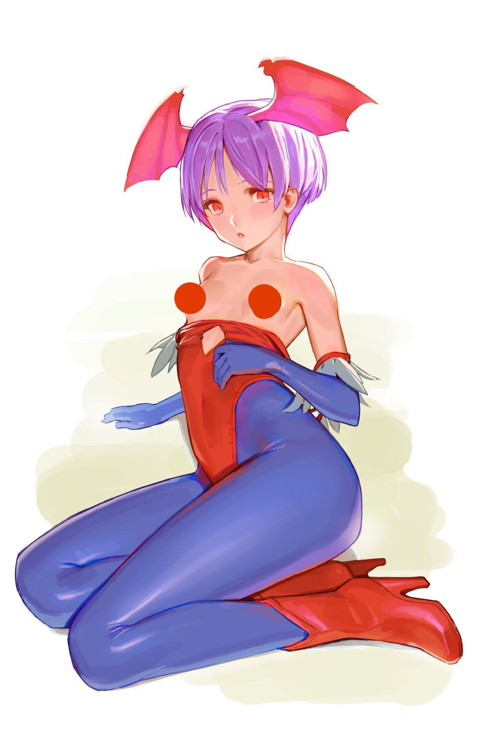 1girl, bare_shoulders, bent_elbows, bent_knees, blue_gloves, blush, bob_cut, bodysuit