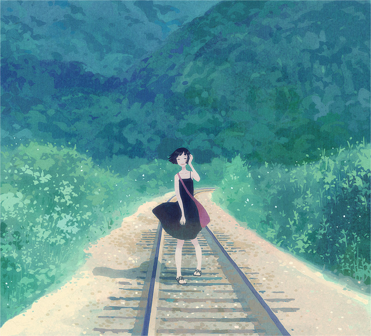 bag, bare_shoulders, black_hair, dress, hair_flip, kumaori_jun, original, railroad, short_hair, smile, wind