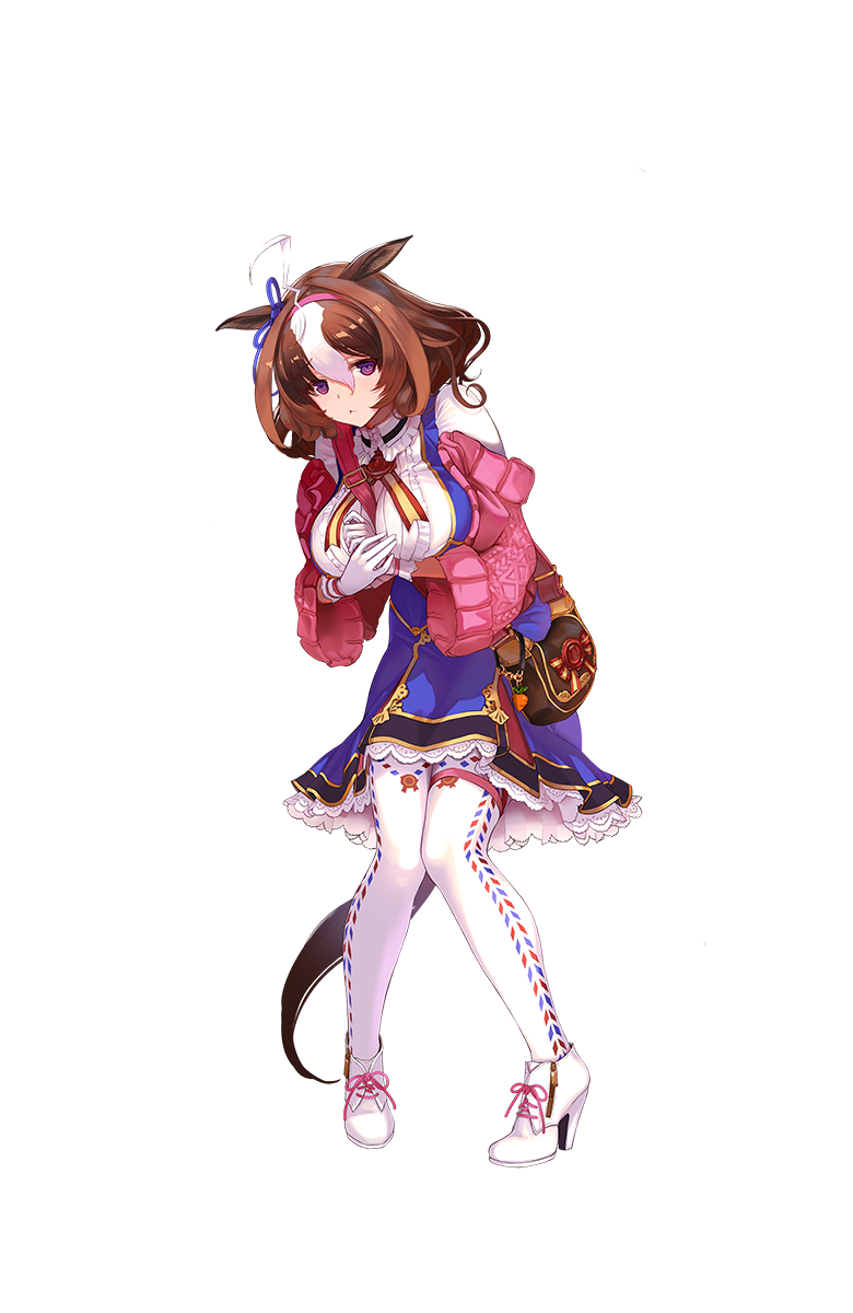 1girl, :<, animal_ears, bag, between_breasts, boots, breasts, brown_hair, full_body, gloves, hairband, handbag, high_heel_boots, high_heels, highres, horse_ears, horse_tail, large_breasts, leaning_forward, looking_at_viewer, meisho_doto, official_art, pink_hair, pink_hairband, short_hair, solo, strap_cleavage, tail, transparent_background, umamusume, violet_eyes, white_gloves, white_legwear