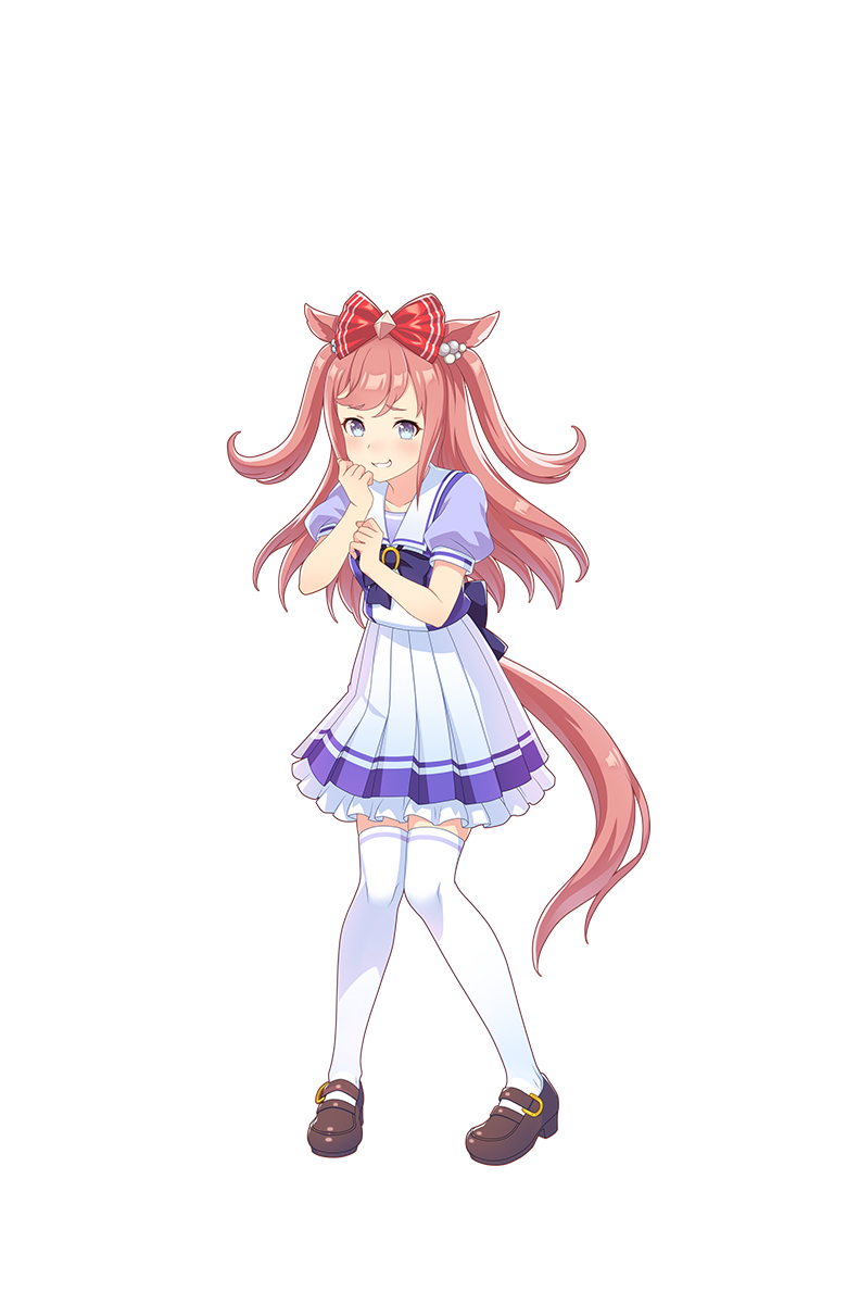 1girl, :3, agnes_digital, animal_ears, blue_eyes, bow, brown_hair, full_body