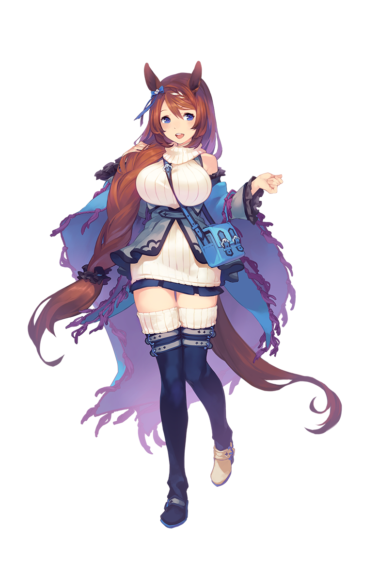 1girl, :d, animal_ears, bare_shoulders, blue_eyes, boots, braid, breasts, brown_hair, detached_sleeves, french_braid, full_body, hair_between_eyes, highres, horse_ears, horse_tail, large_breasts, long_hair, looking_at_viewer, low-tied_long_hair, mismatched_footwear, official_art, open_mouth, ribbed_sweater, smile, solo, super_creek, sweater, tail, thigh-highs, thigh_boots, transparent_background, umamusume, very_long_hair, violet_eyes, zettai_ryouiki