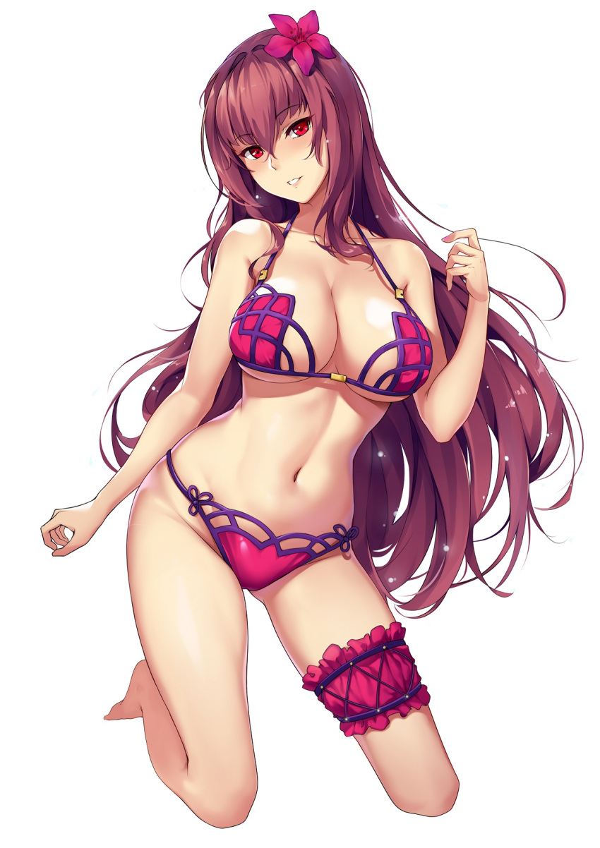 1girl, bangs, barefoot, bikini, breasts, cleavage, commentary_request, eyebrows_visible_through_hair