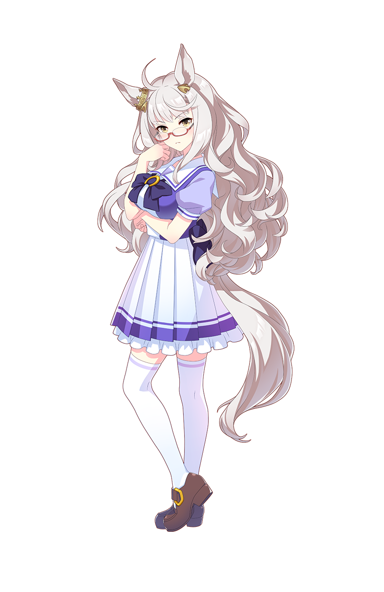 1girl, animal_ears, biwa_hayahide, breasts, brown_eyes, brown_footwear, full_body, glasses, highres, horse_ears, horse_tail, large_breasts, long_hair, looking_at_viewer, official_art, red-framed_eyewear, school_uniform, semi-rimless_eyewear, serafuku, silver_hair, solo, tail, thigh-highs, transparent_background, umamusume, under-rim_eyewear, zettai_ryouiki