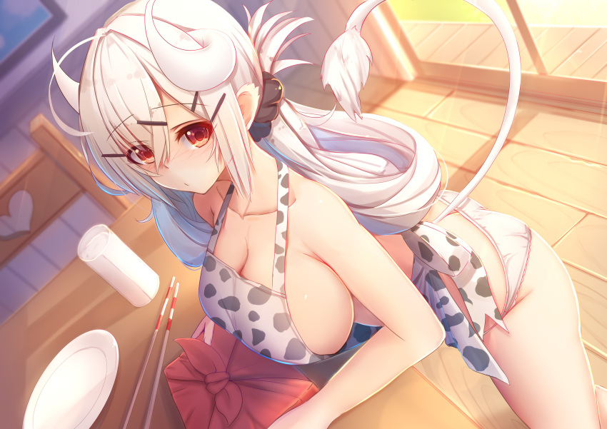 1girl, ahoge, animal_print, apron, bangs, black_scrunchie, blurry, blurry_background