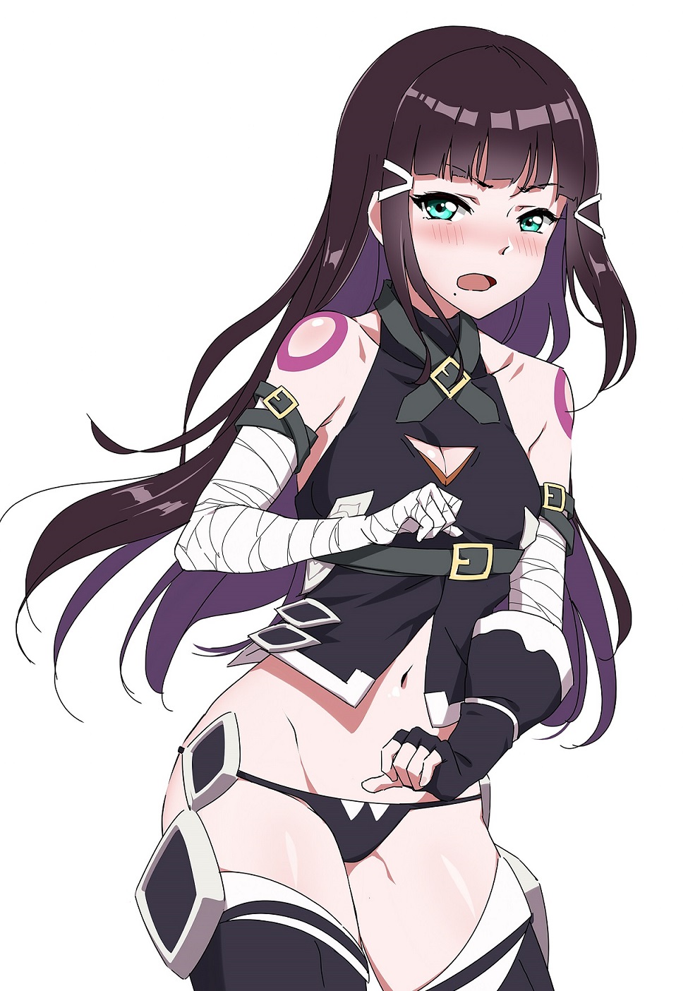 1girl, aqua_eyes, arm_belt, bandage, bandaged_arm, bangs, black_legwear, black_panties