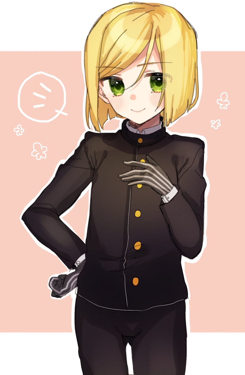 1girl, alternate_hairstyle, bangs, black_gloves, black_jacket, black_pants, blonde_hair, closed_mouth, cosplay, cowboy_shot, eyebrows_visible_through_hair, fate/extra, fate/extra_ccc, fate_(series), gakuran, gloves, green_eyes, hand_on_hip, hand_on_own_chest, highres, jacket, kishinami_hakuno_(male), kishinami_hakuno_(male)_(cosplay), kyuuri_(yumi20010221), long_sleeves, looking_at_viewer, nero_claudius_(fate), nero_claudius_(fate)_(all), pants, pink_background, school_uniform, shiny, shiny_hair, short_hair, smile, solo, standing, swept_bangs, two-tone_background, vertical-striped_gloves