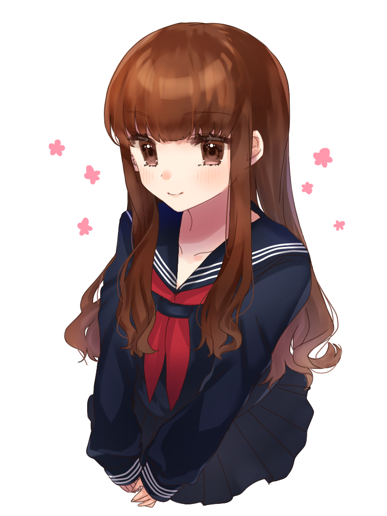 1girl, bangs, black_sailor_collar, black_serafuku, blunt_bangs, blush, brown_eyes, brown_hair