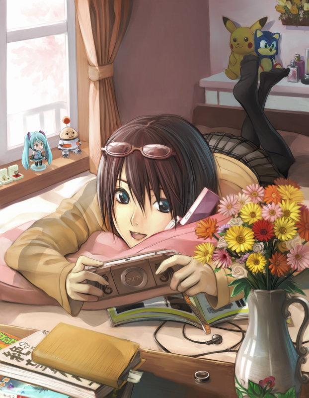 1girl, black_pantyhose, blue_eyes, brown_hair, cellphone, earbuds, earphones, feet