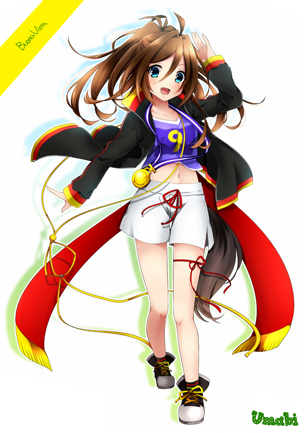 1girl, :d, black_jacket, blue_eyes, blush, brown_hair, buena_vista_(racehorse), character_name, copyright_name, full_body, fulunukko, hand_up, highres, jacket, long_hair, medal, navel, open_mouth, personification, ponytail, red_string, shoes, shorts, smile, sneakers, solo, standing, string, umabi, white_shorts