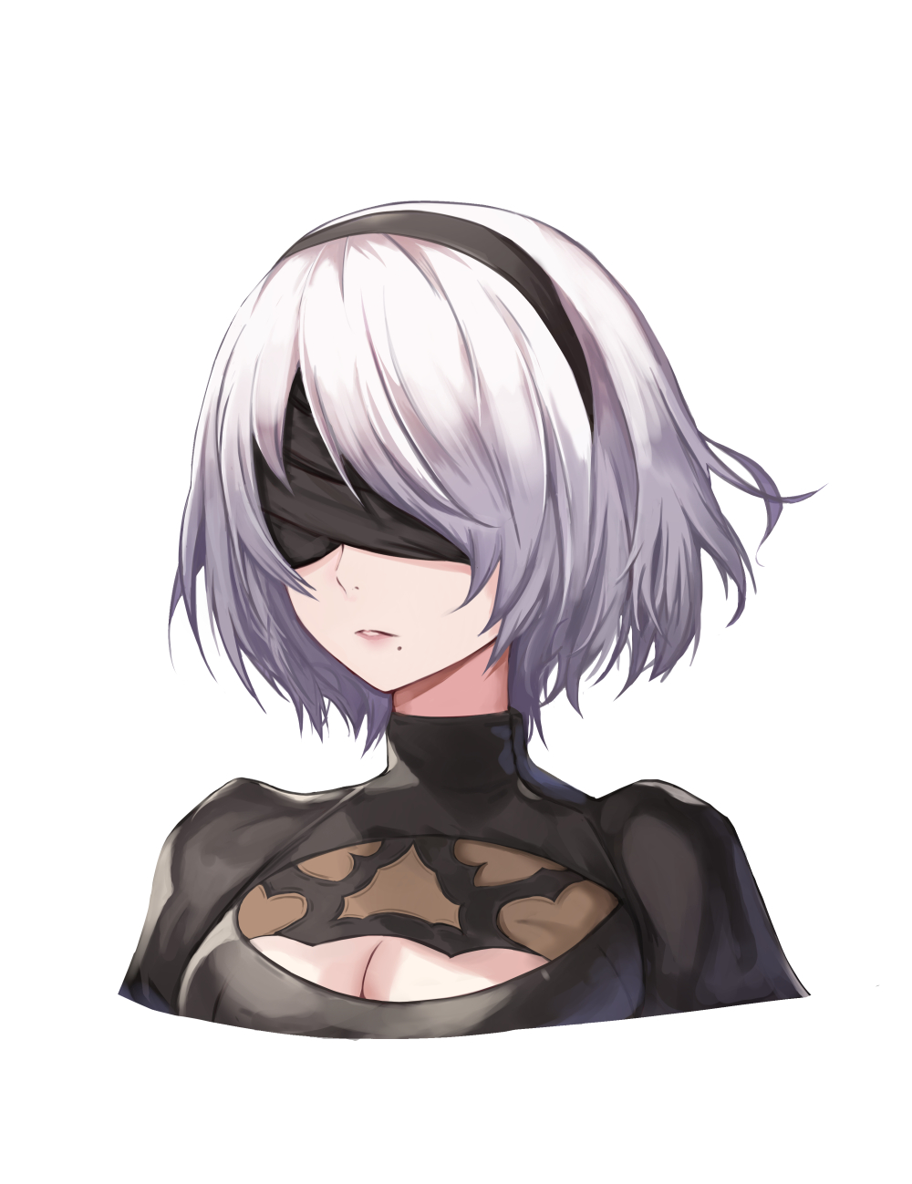1girl, android, black_dress, black_hairband, blacktheif, blindfold, breasts, cleavage, cleavage_cutout, dress, hairband, highres, lips, medium_breasts, mole, mole_under_mouth, nier_(series), nier_automata, patterned_clothing, portrait, short_hair, silver_hair, simple_background, white_background, yorha_no._2_type_b