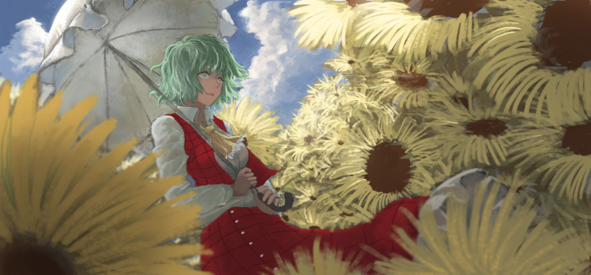 1010kman, 1boy, ascot, blue_sky, breasts, clouds, collared_shirt, dutch_angle, flower, frilled_skirt, frills, garden_of_the_sun, green_eyes, green_hair, highres, holding, holding_umbrella, kazami_yuuka, long_skirt, long_sleeves, open_mouth, outdoors, parasol, plaid, plaid_skirt, plaid_vest, red_skirt, red_vest, shirt, short_hair, skirt, sky, solo, standing, sunflower, touhou, umbrella, vest, yellow_neckwear
