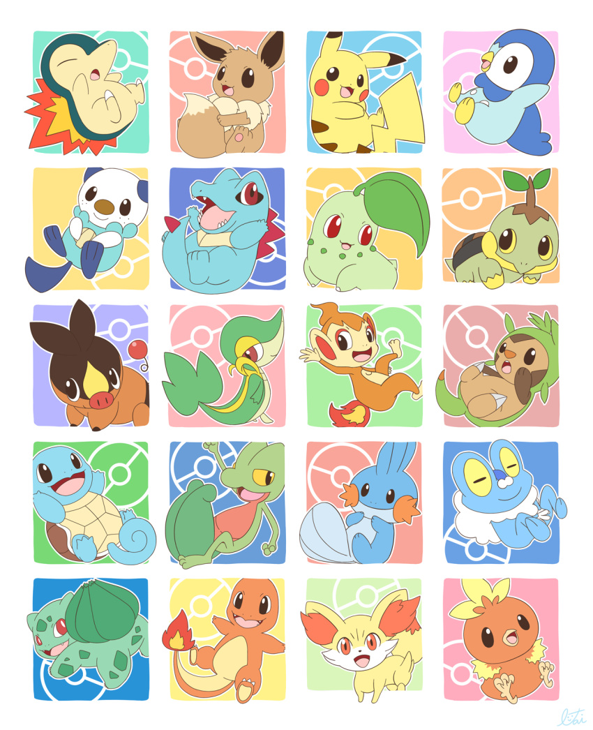 :d, bird, black_eyes, blush_stickers, brown_eyes, bulbasaur, charmander, chespin, chikorita, chimchar, closed_mouth, commentary, commentary_request, creature, cyndaquil, eevee, fennekin, fiery_tail, fire, froakie, gen_1_pokemon, gen_2_pokemon, gen_3_pokemon, gen_4_pokemon, gen_5_pokemon, gen_6_pokemon, happy, highres, lai_(pixiv1814979), looking_at_viewer, mudkip, multicolored, multicolored_background, no_humans, open_mouth, orange_eyes, oshawott, pikachu, piplup, pokemon, pokemon_(creature), red_eyes, sharp_teeth, smile, snivy, squirtle, teeth, tepig, torchic, totodile, treecko, turtwig, waving, yellow_eyes