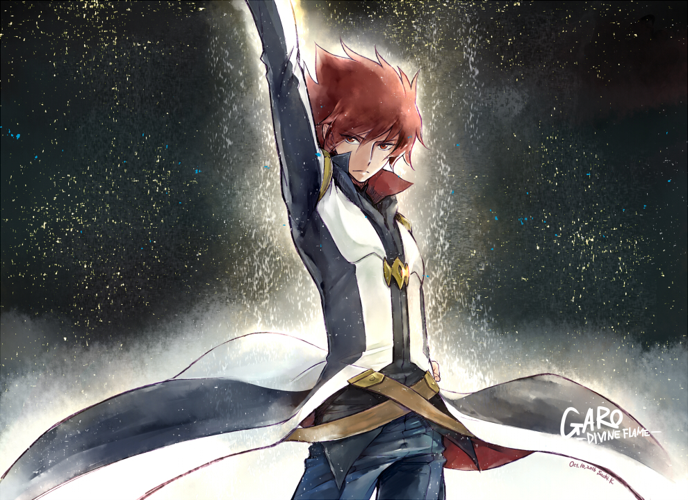 1boy, arm_up, artist_name, belt, closed_mouth, commentary_request, copyright_name, dated