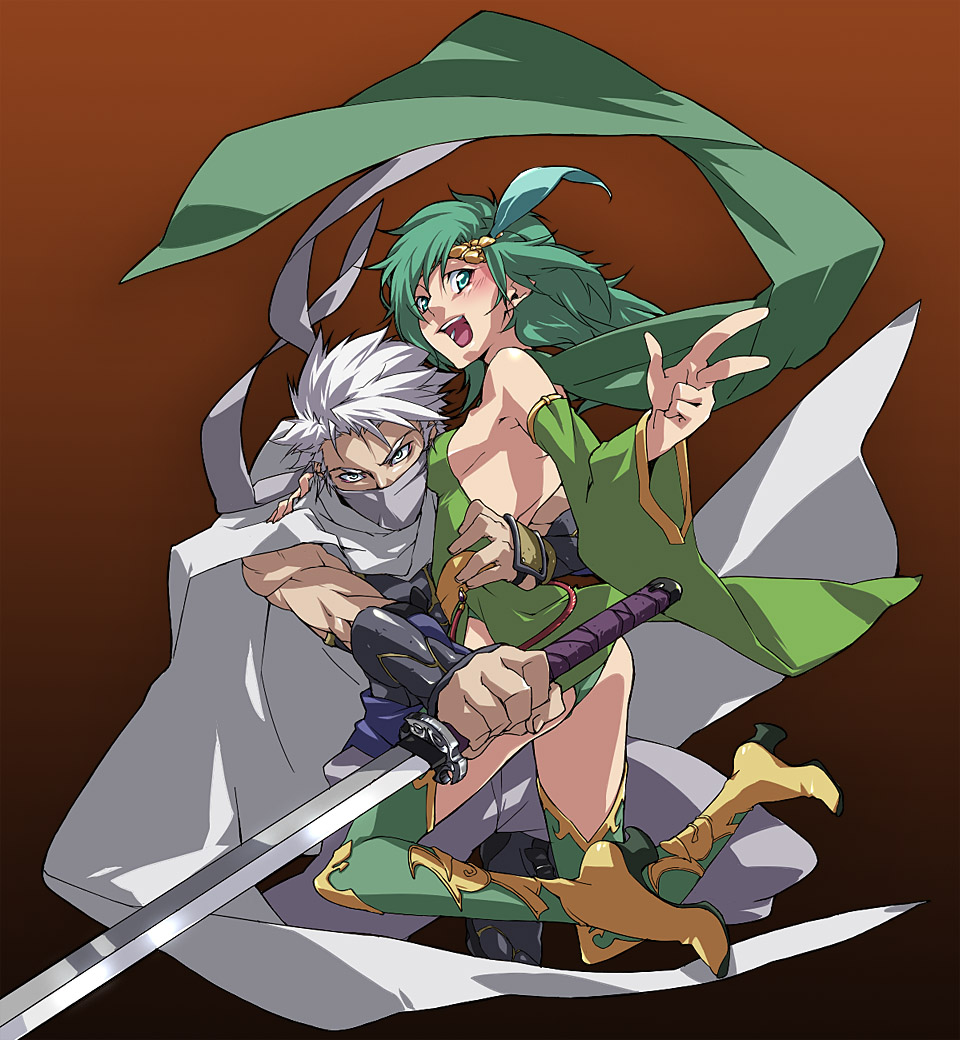 :d, armor, bad_id, blush, boots, breasts, cape, dress