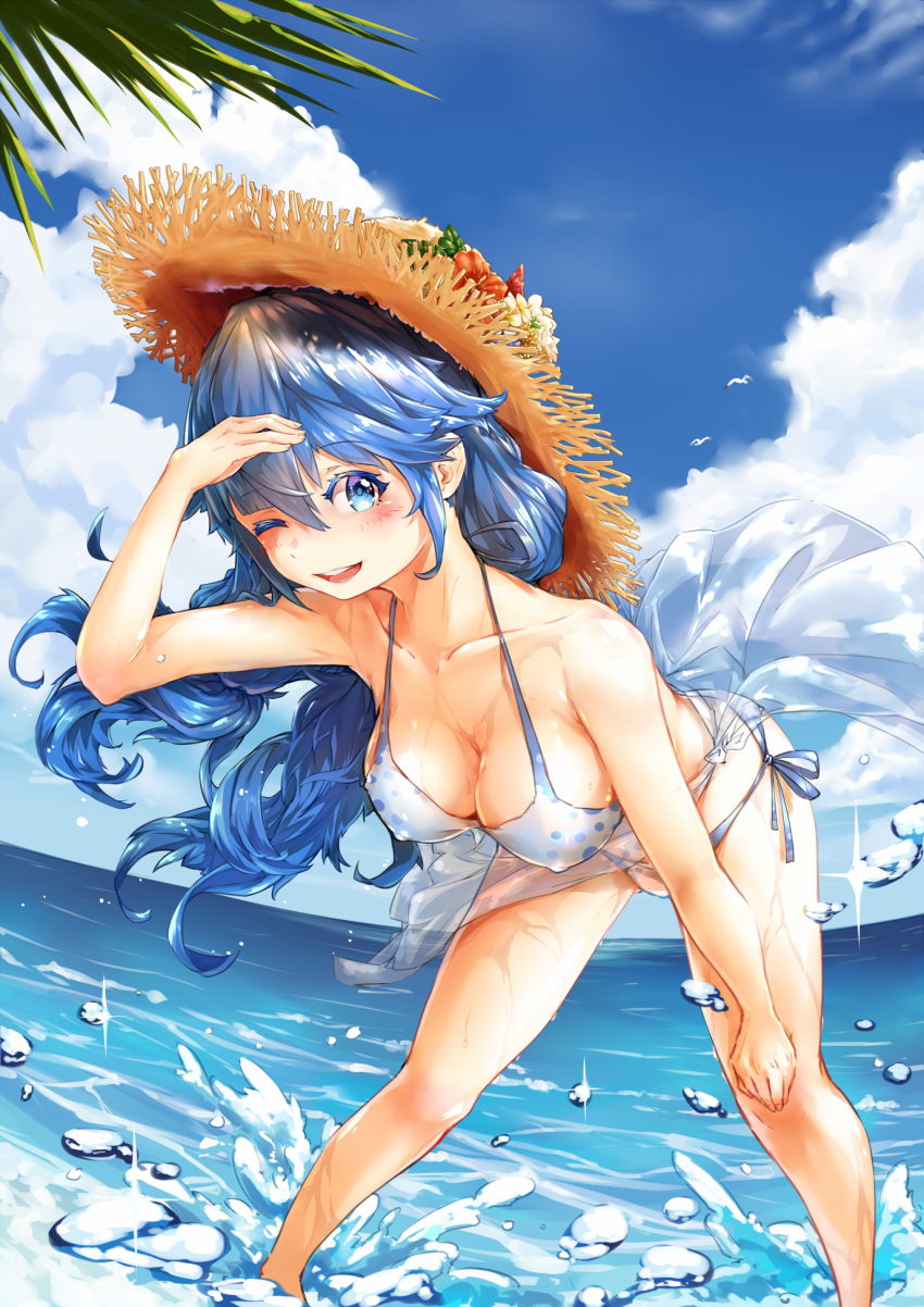 1girl, ;d, bikini, bird, blue_eyes, blue_hair, blue_sky, blush