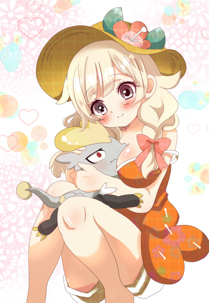 1girl, blonde_hair, blush, breasts, brown_eyes, cleavage, dress, flower, gen_7_pokemon, hat, hat_flower, highres, hug, jangmo-o, kiko19970619, long_hair, looking_at_viewer, mizuki_(pokemon_usum), orange_dress, pokemon, pokemon_(creature), pokemon_(game), pokemon_usum, red_eyes, sitting, strap_slip, sun_hat