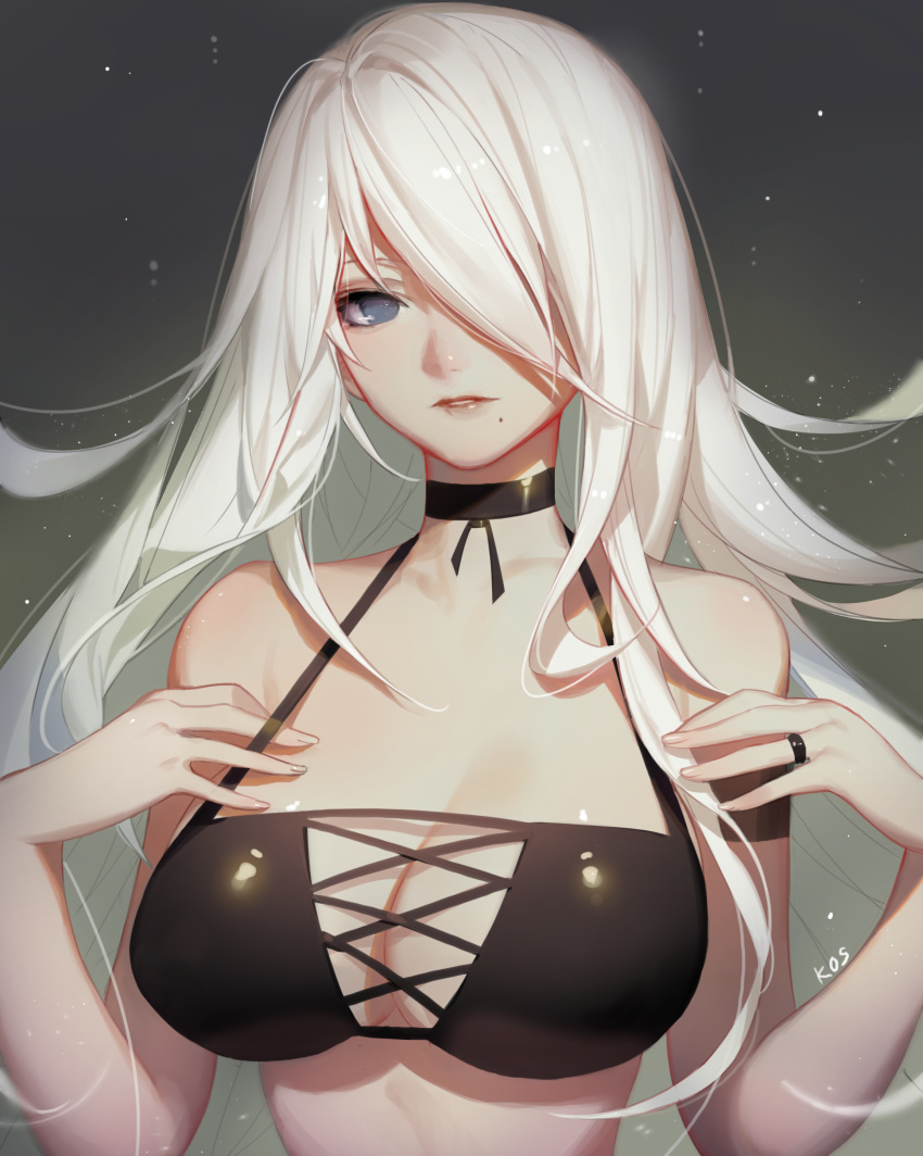 1girl, absurdres, bikini_top, black_bikini_top, blue_eyes, breasts, choker, cleavage