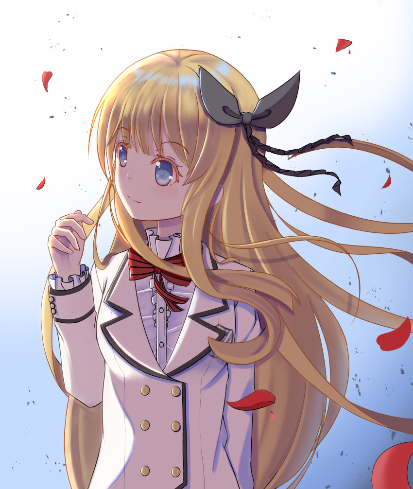 1girl, absurdres, blonde_hair, blue_eyes, blush, highres, juliet_percia, kishuku_gakkou_no_juliet, long_hair, looking_at_viewer, sasatabekung, school_uniform, self_upload, smile, solo