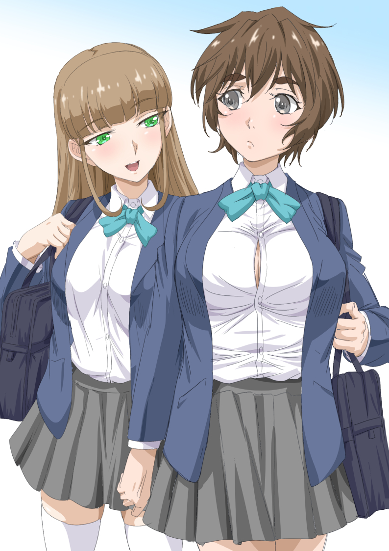 2girls, :d, arm_at_side, bag, bangs, blunt_bangs, bookbag, breasts, frown, grey_skirt, hair_between_eyes, hand_up, kosokosomaru, long_hair, looking_at_another, medium_breasts, miyazaki_kyu, mole, mole_under_mouth, multiple_girls, open_mouth, original, school_uniform, short_hair, side_glance, sidelocks, skirt, smile, standing, thick_eyebrows, thigh-highs, uniform, very_long_hair, zettai_ryouiki