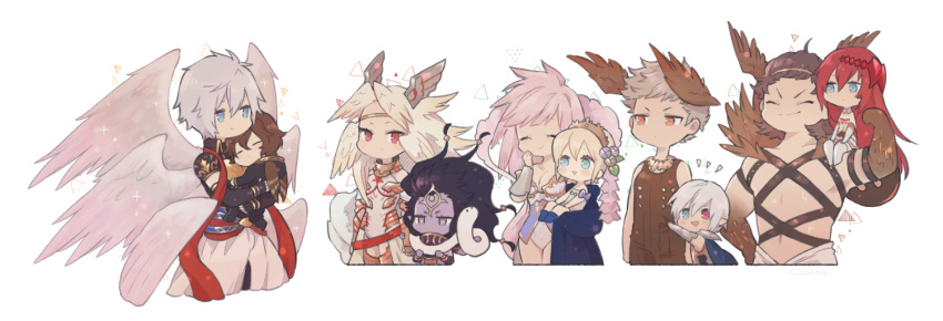 4girls, 6+boys, blonde_hair, blue_eyes, blush_stickers, brown_hair, closed_eyes, commentary_request