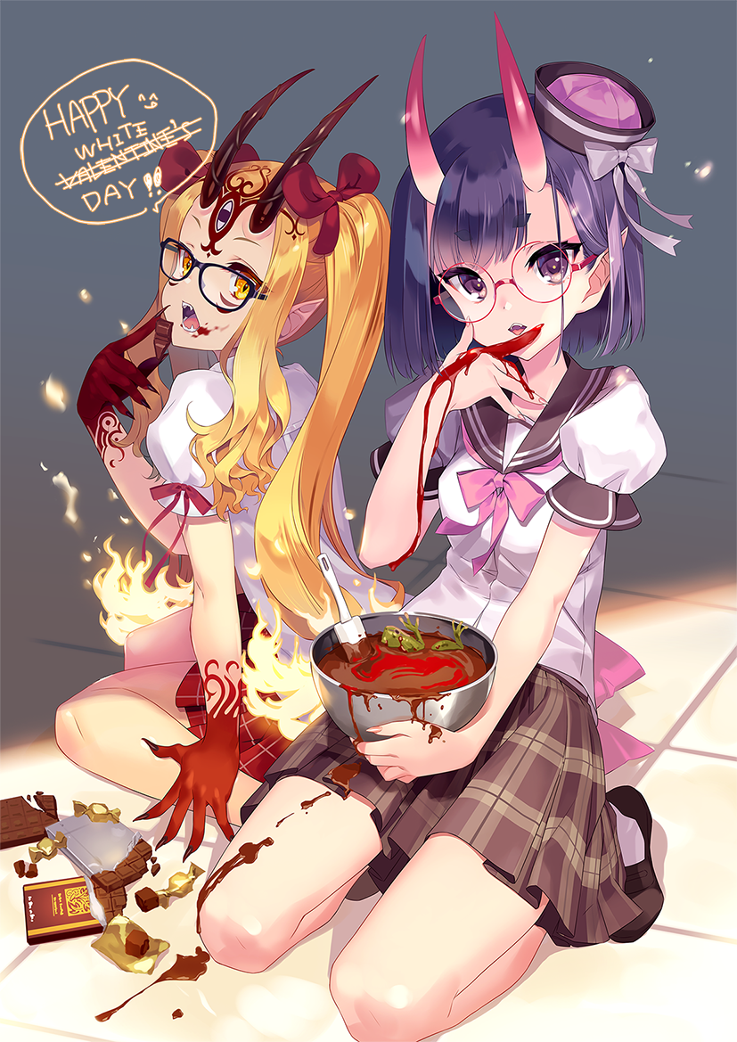 2girls, animal, bangs, black-framed_eyewear, black_footwear, blonde_hair, blood, bloody_hands