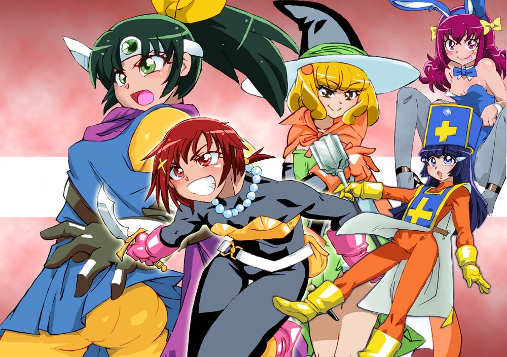 5girls, aoki_reika, blonde_hair, breasts, commentary_request, cosplay, dragon_quest, dragon_quest_iii