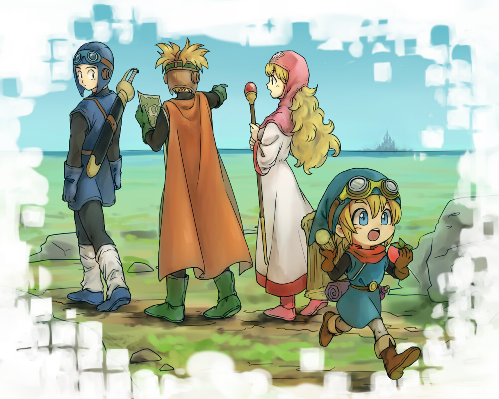 1girl, breasts, commentary_request, crossover, dragon_quest, dragon_quest_builders, dragon_quest_ii, goggles, goggles_on_head, goggles_on_headwear, hood, long_hair, multiple_boys, prince_of_lorasia, prince_of_samantoria, princess_of_moonbrook, robe, short_hair, spiky_hair, sword, weapon, white_robe